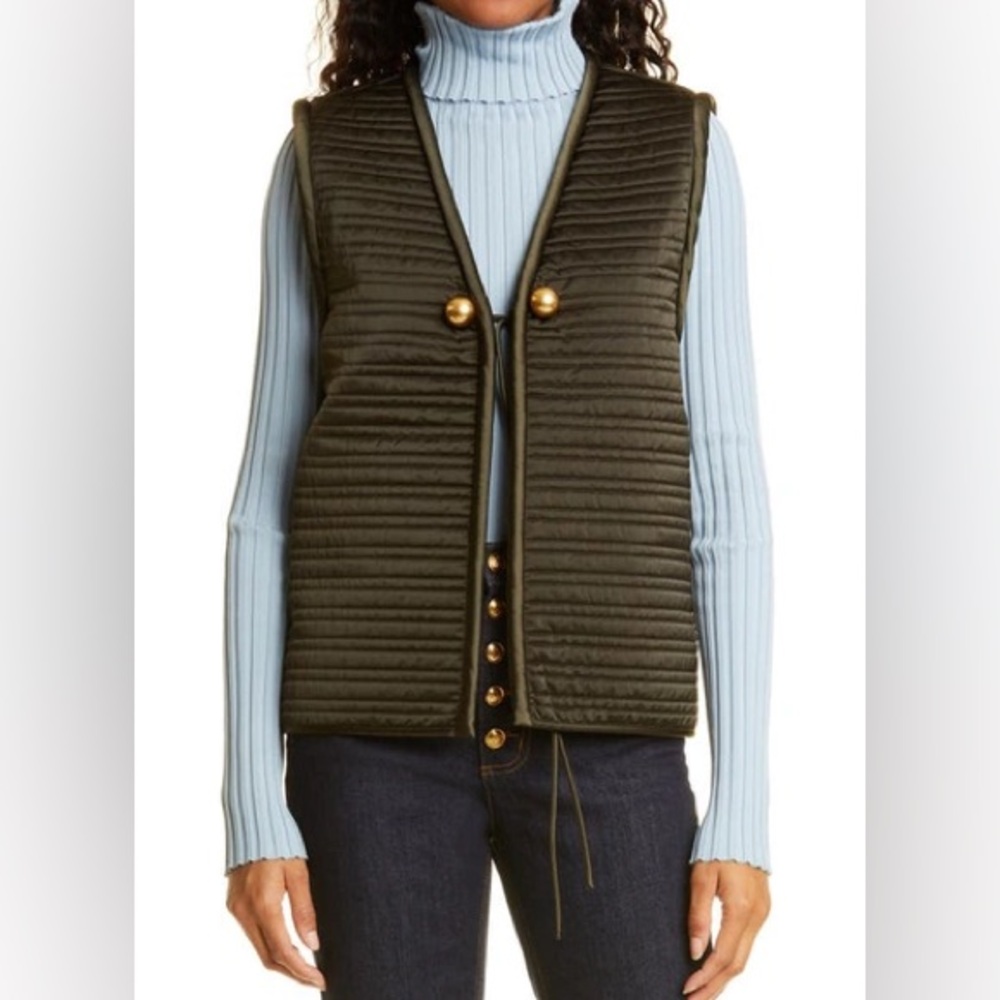 TORY BURCH Quilted Satin Midnight Green Golden Tie Closure Vest NWT Size 4
